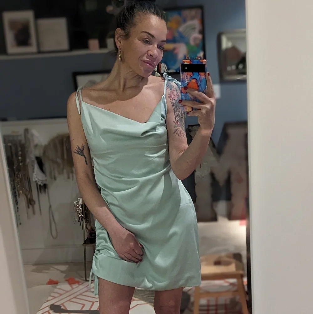 Wilfred Only Ruched Mini Slip Dress Cowl Neck Satin Side Drawstring Mint Sz M - Picture 8 of 13
